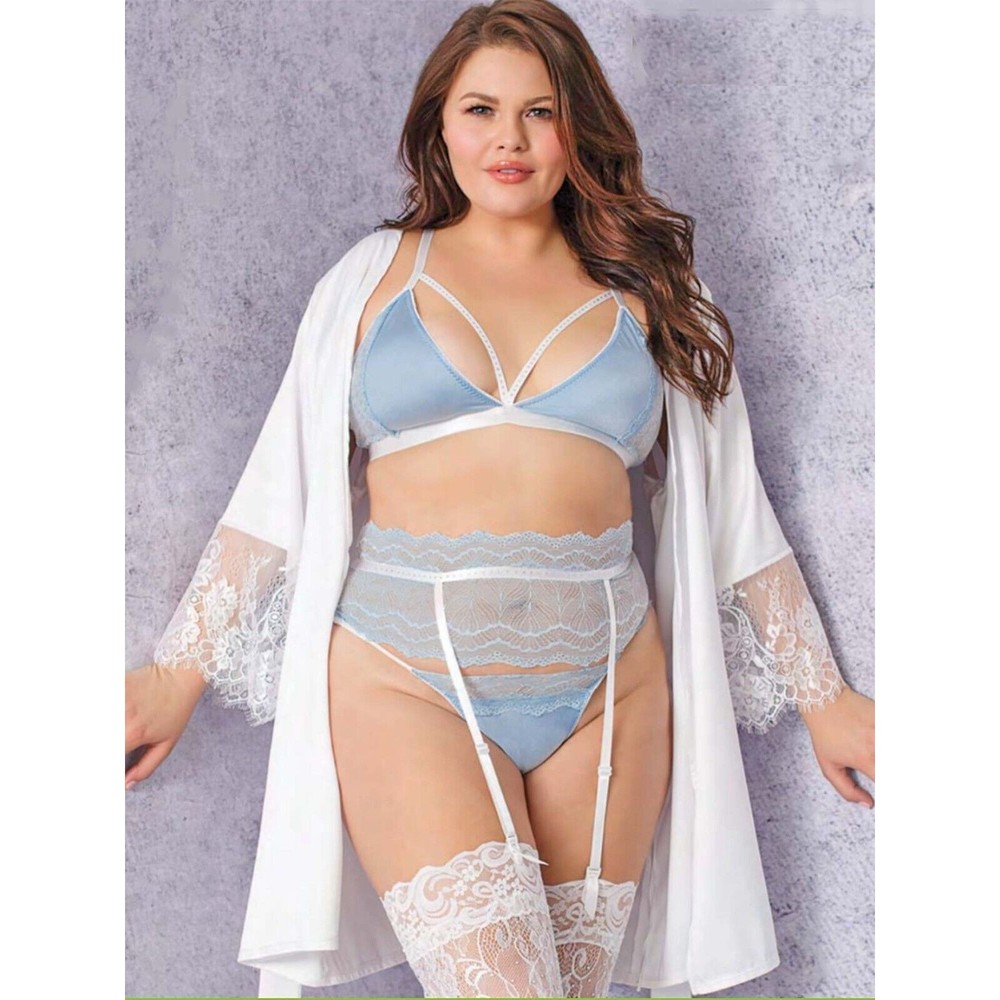 Plus Size XXL Bra Set Soft Metallic Light Blue Lace Lingerie